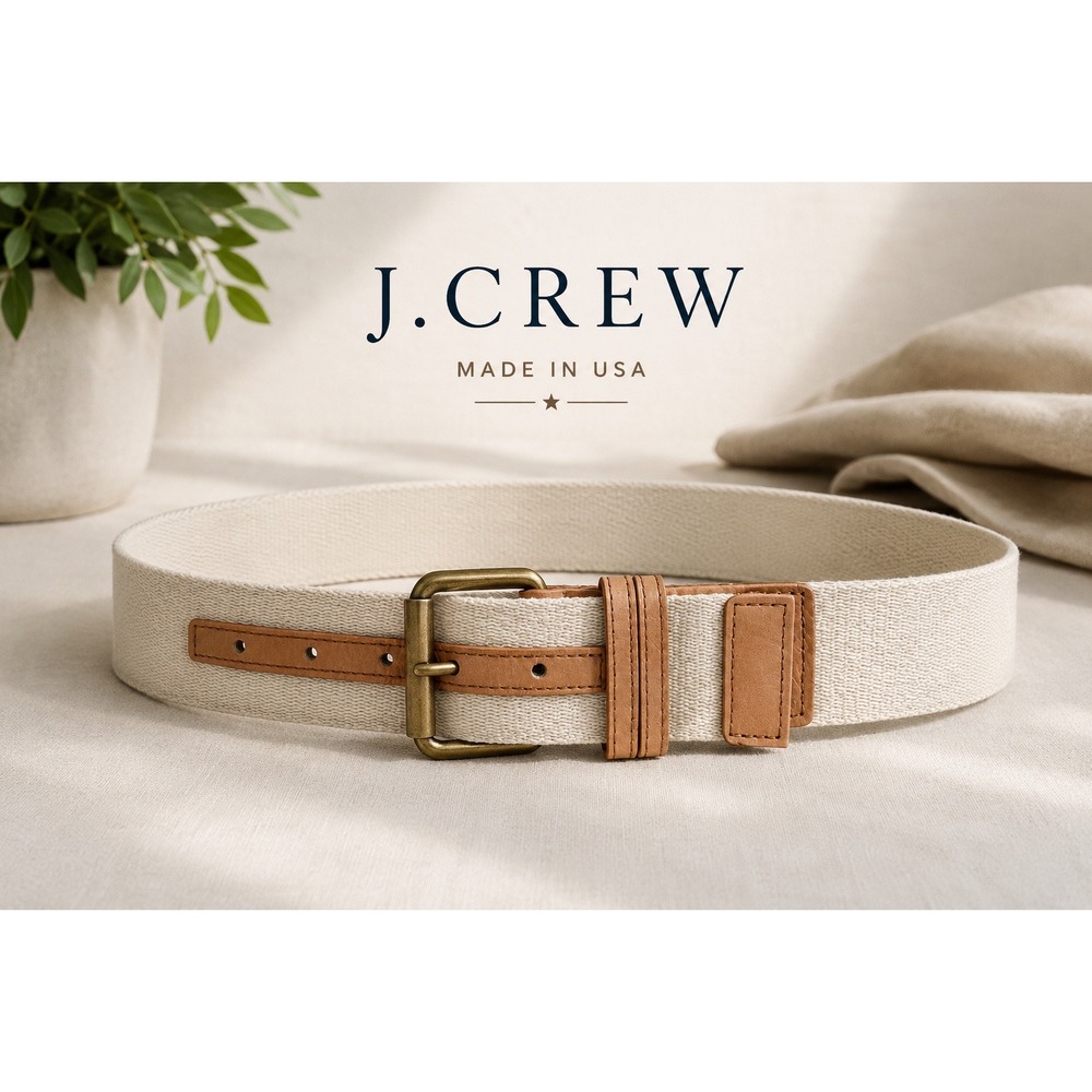 J Crew Canvas Belt M Ivory Leather Trim Brass Buckle Coastal Preppy USA